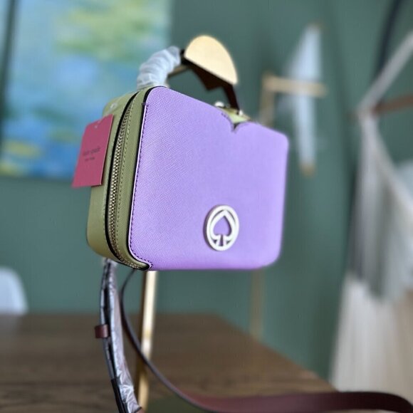 NWT!! Kate Spade Vanity Mini Top Handle Bag -Purple/Cream yellow(Irisbloom) - Picture 7 of 16